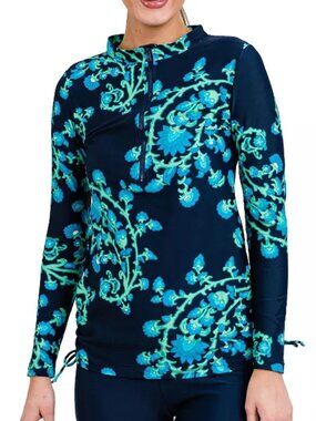 Calypsa Navy Floral/Vine Print Half-Zip Nora Swim Top Women's Size XL